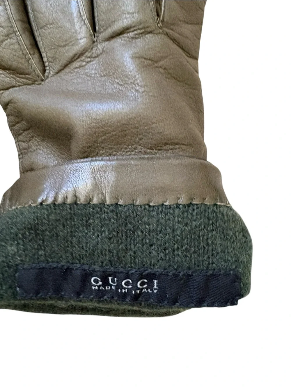 Gucci Olive Green Leather Cashmere Lined Interlocking G Charm Gloves Size 7.5